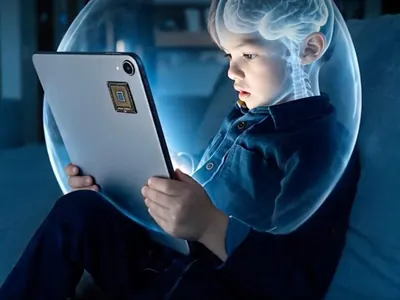 Child holding a tablet with a HaloShield sticker on the back, wrapped in a blue bubble