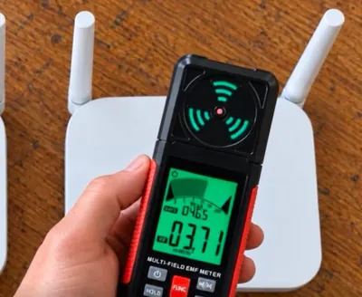 Hand holding an EMF meter in front of a home modem and Wi-Fi router