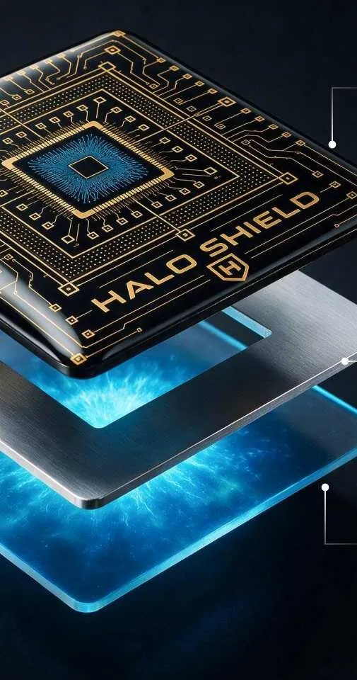 Exploded view of a HaloShield sticker showing the printed top, the aluminum layer and the negative-ion layer stacked together