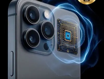 Back of a smartphone fitted with a HaloShield sticker, surrounded by stylized blue waves